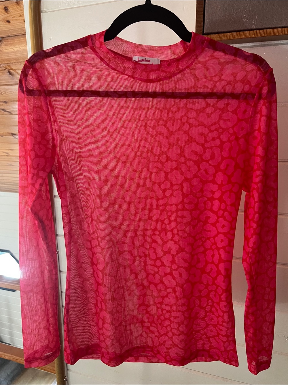 Bohemian Cowgirl Sheer Mesh Long-Sleeve Leopard Print Top in Hot Pink